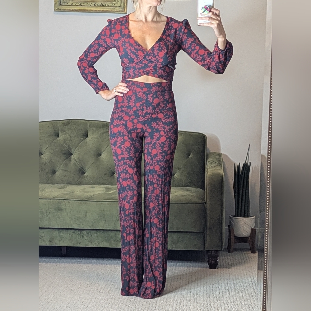 Flynn Skye Matching Set Floral Retro Tie Shirt High Waist Pants Size S/XS